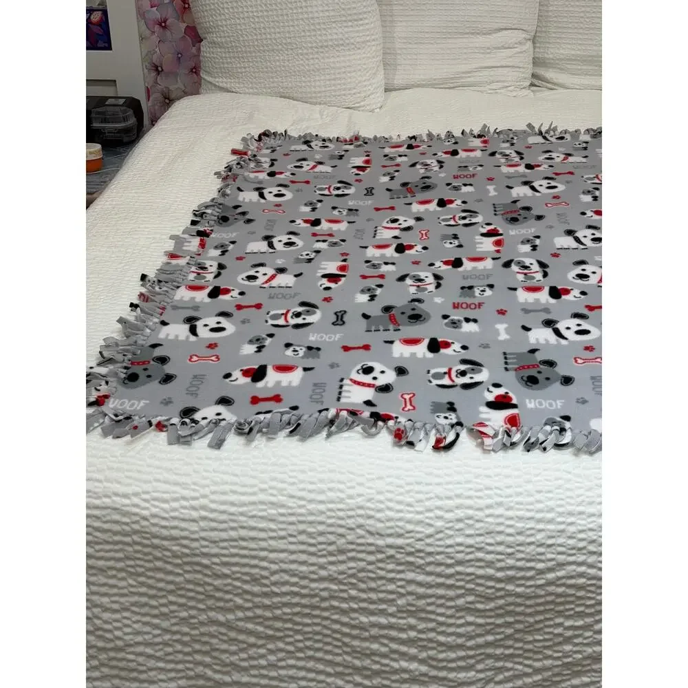 HANDMADE Dog Puppy Fleece Tie Blanket Gray Woof Paw Print Throw Pet Lover 54x52